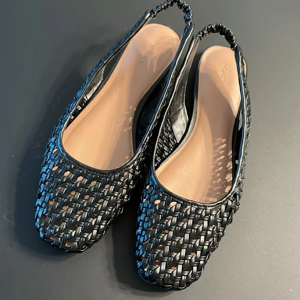Nordstrom Arabella Slingbacks Woven Flats Size 10M Black Square Toe - Picture 4 of 10